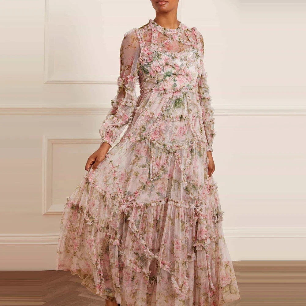 Colorblock Floral Long Sleeve Vintage Dress for Women