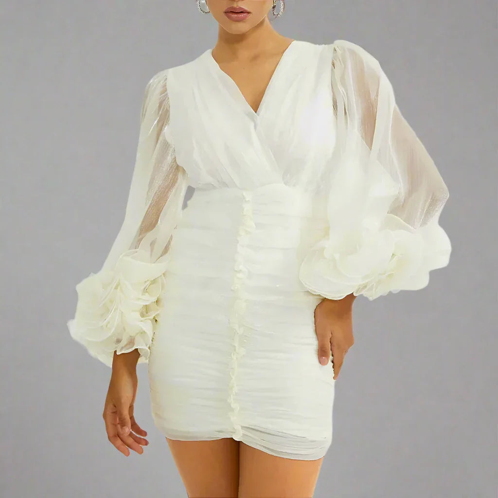 Elegant V-Neck Sheer Lace Tunic Dress for Women