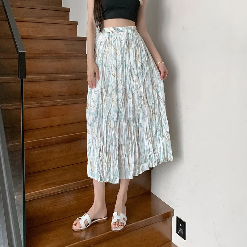 Elegant Floral Pleated High Waist Women's Summer Skirt