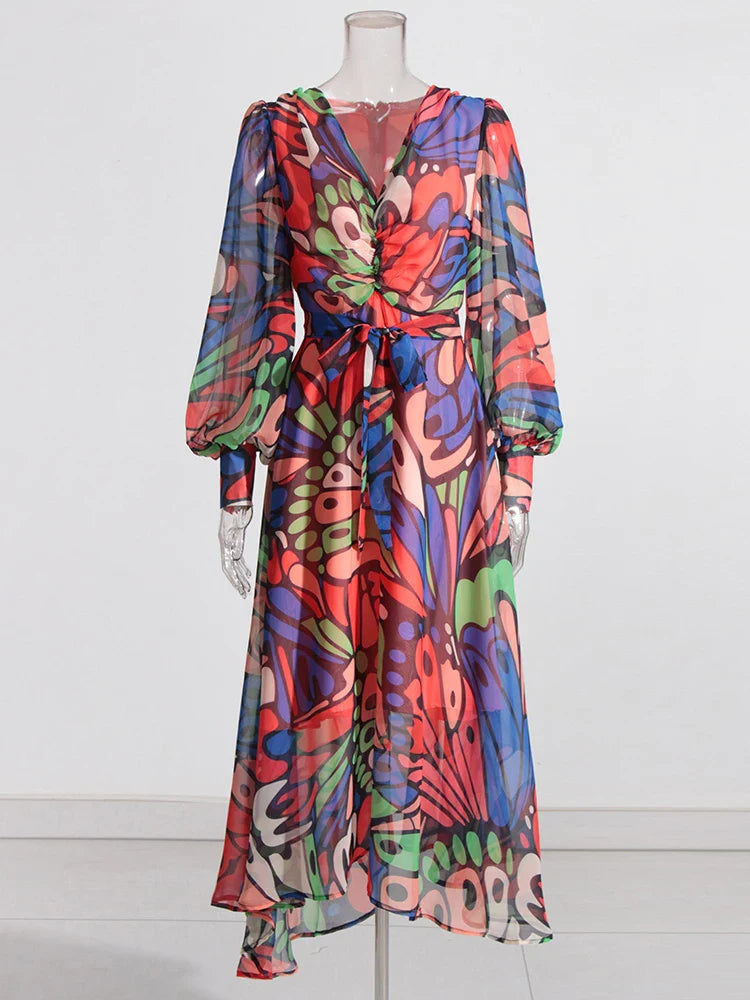 V-Neck Ruched Colorblock Dress with Lantern Sleeves