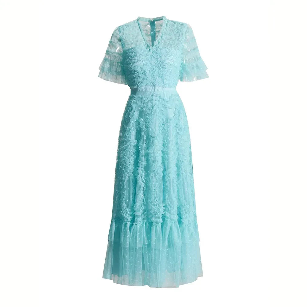 Elegant V Neck High Waist Mesh Dress for Women