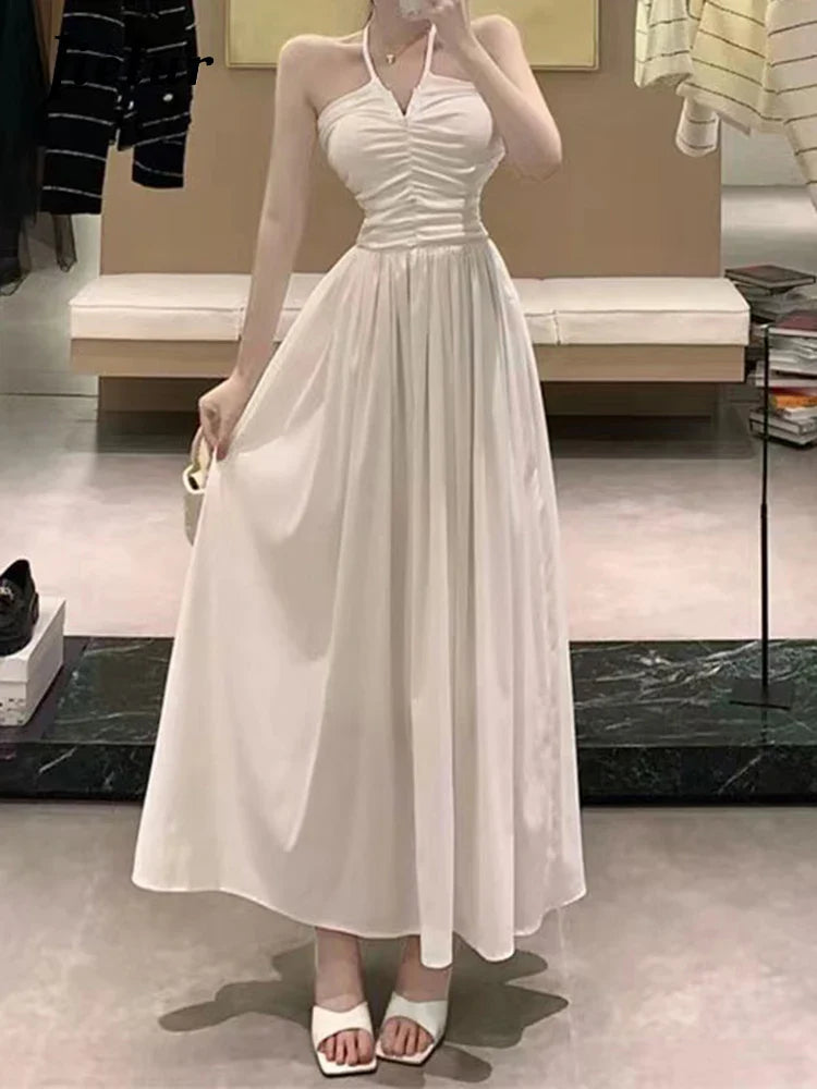 Elegant V-Neck Pleated Halter Dress for Women