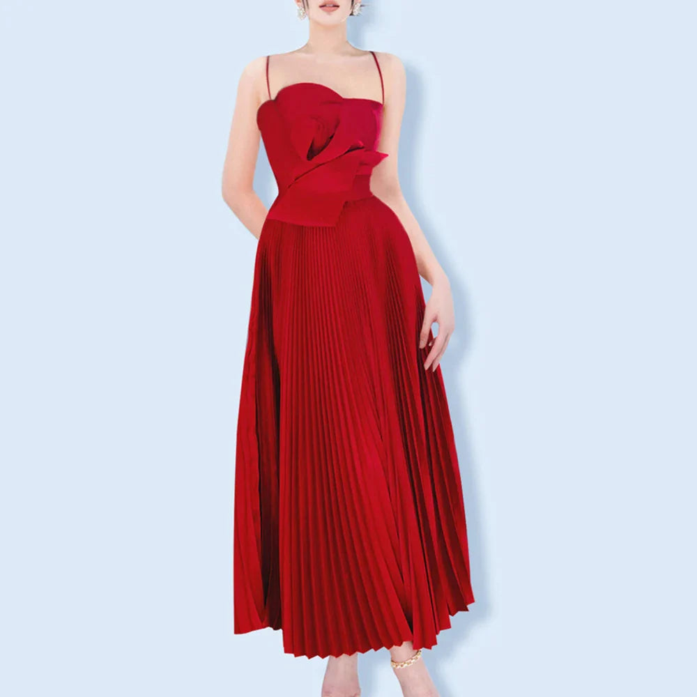 Square Collar Backless Midi Dress with Pleated Detail