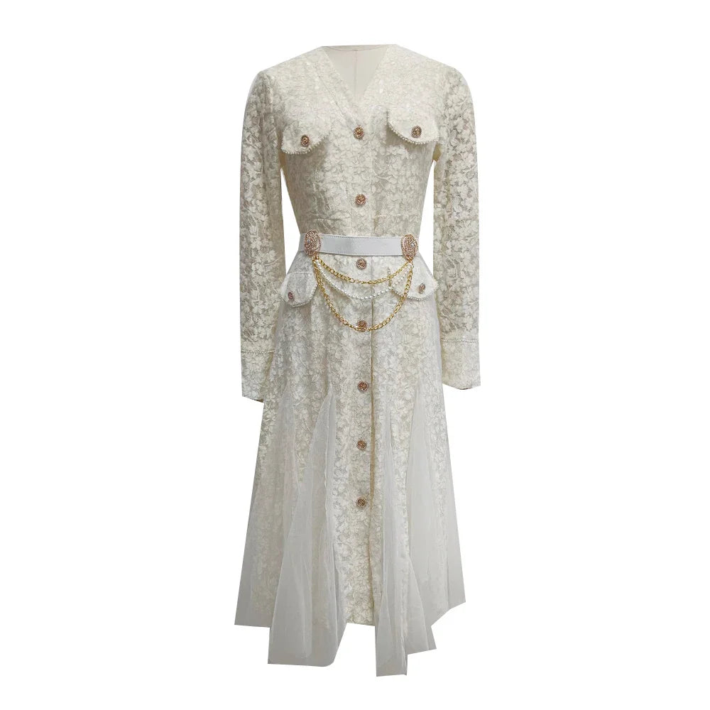 Chic V-Neck Long Sleeve Mesh Patchwork Dress