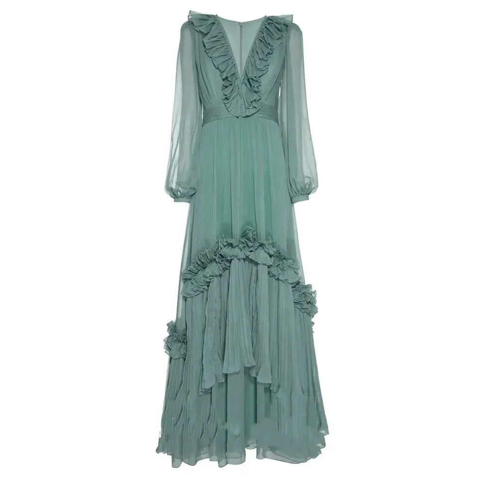 Elegant V-Neck Ruffled Mesh Dress for Women