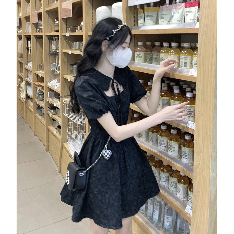 Elegant Black Hollow Out Puff Sleeve Dress for Women