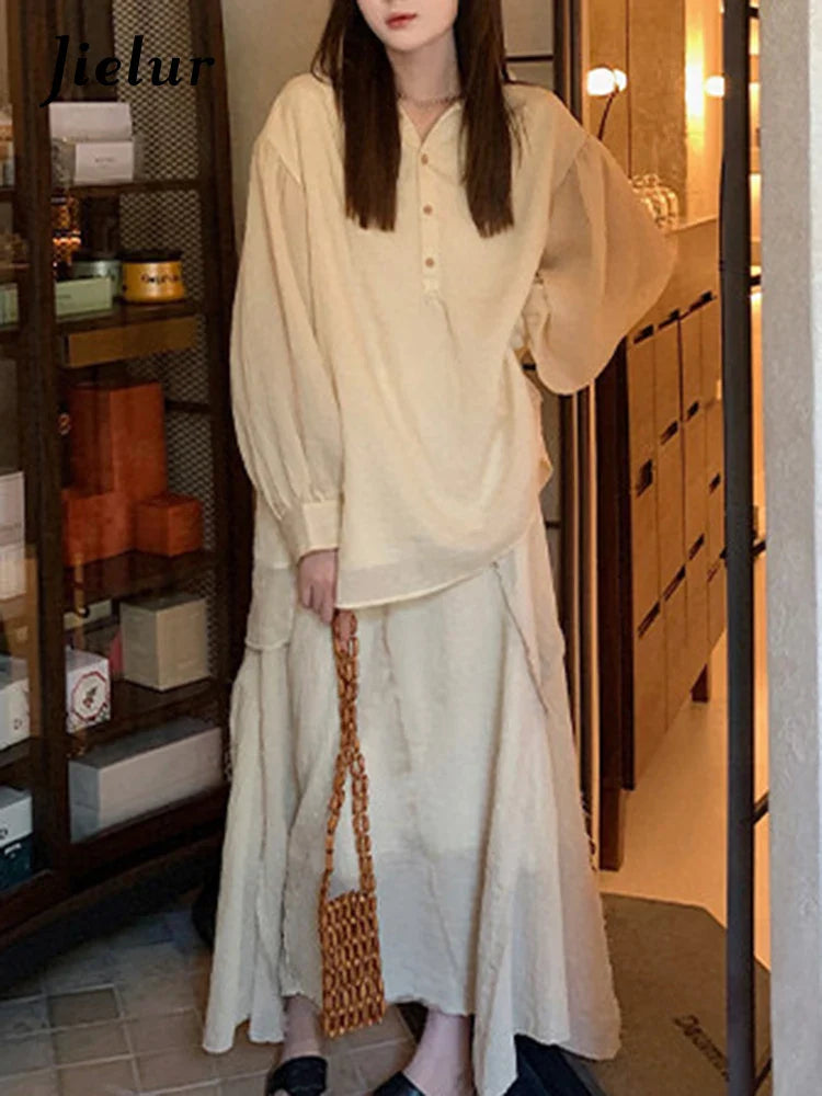 Chic Solid Color Apricot Two-Piece Skirt Set for Women