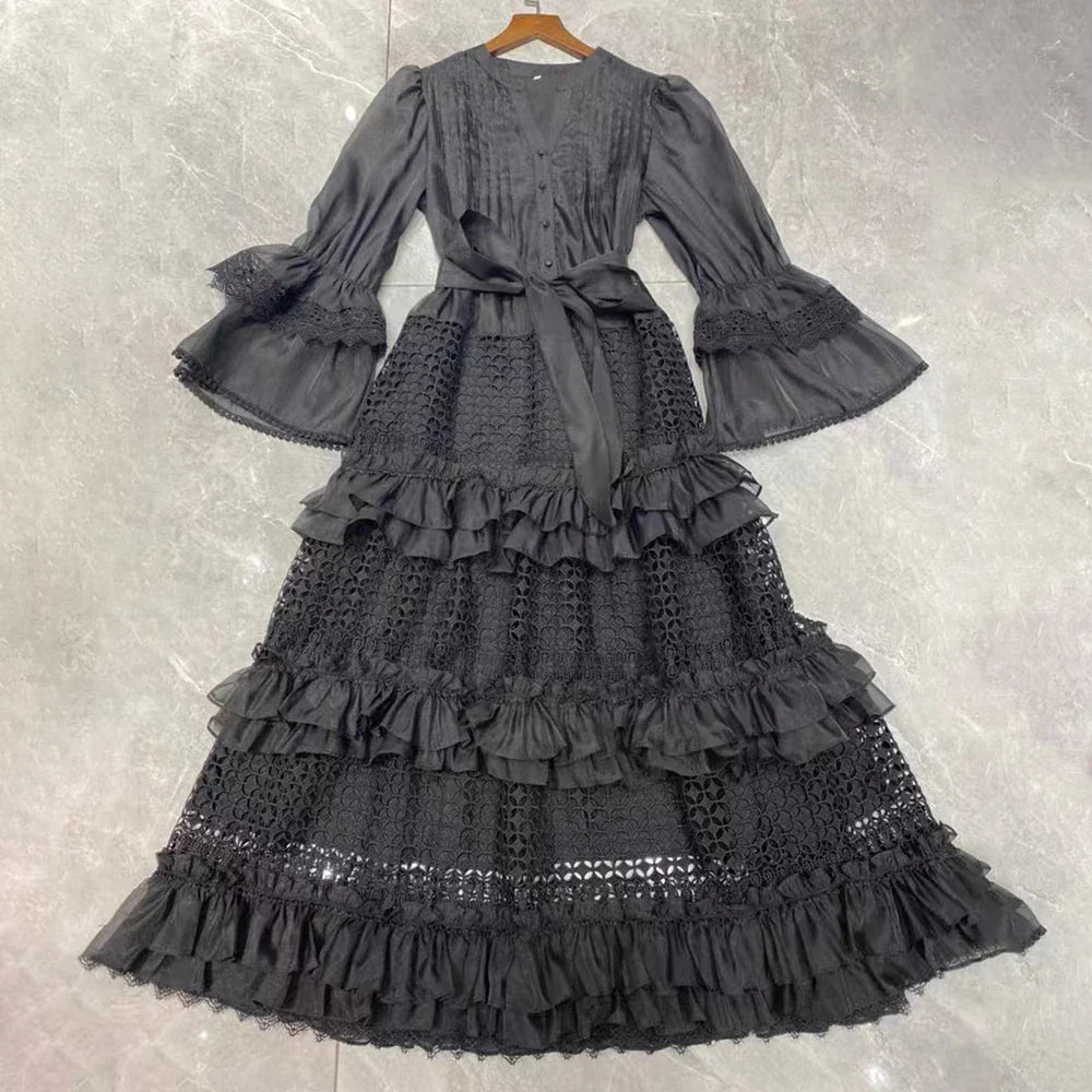 Elegant High Waist Ruffled Dress with Stand Collar