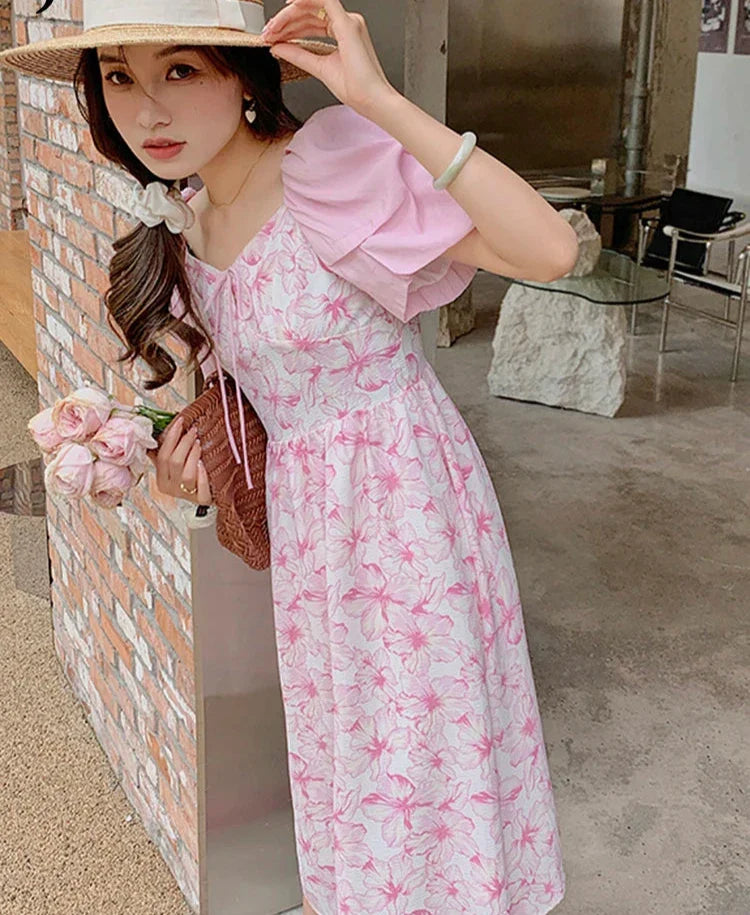 Elegant Summer Chiffon Dress with Lace-Up Sleeves