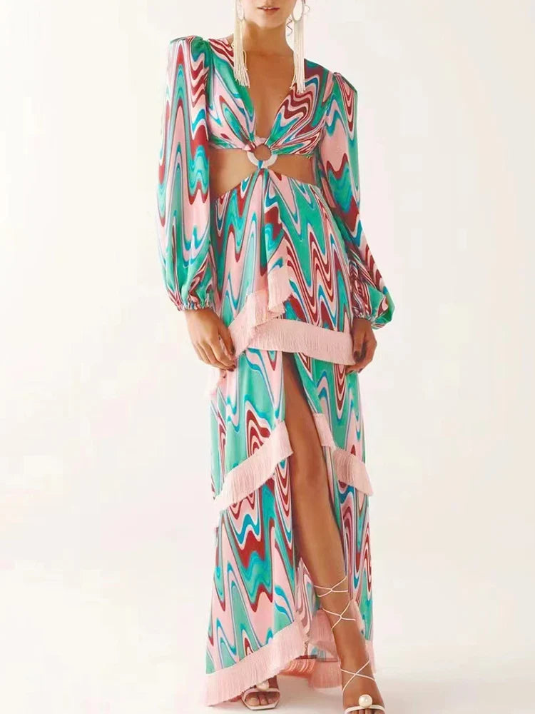 Summer V Neck Colorblock Hollow Out Dress for Women