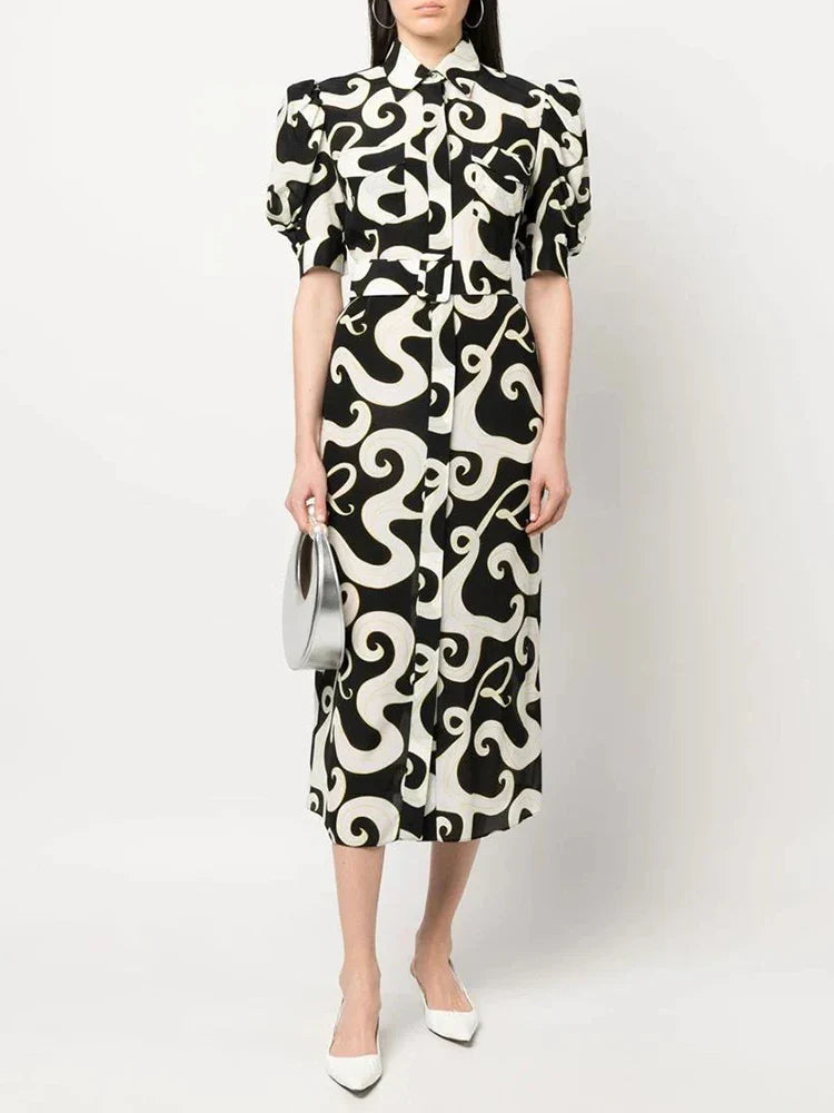 Vintage-Inspired Midi Dress with Puff Sleeves for Women