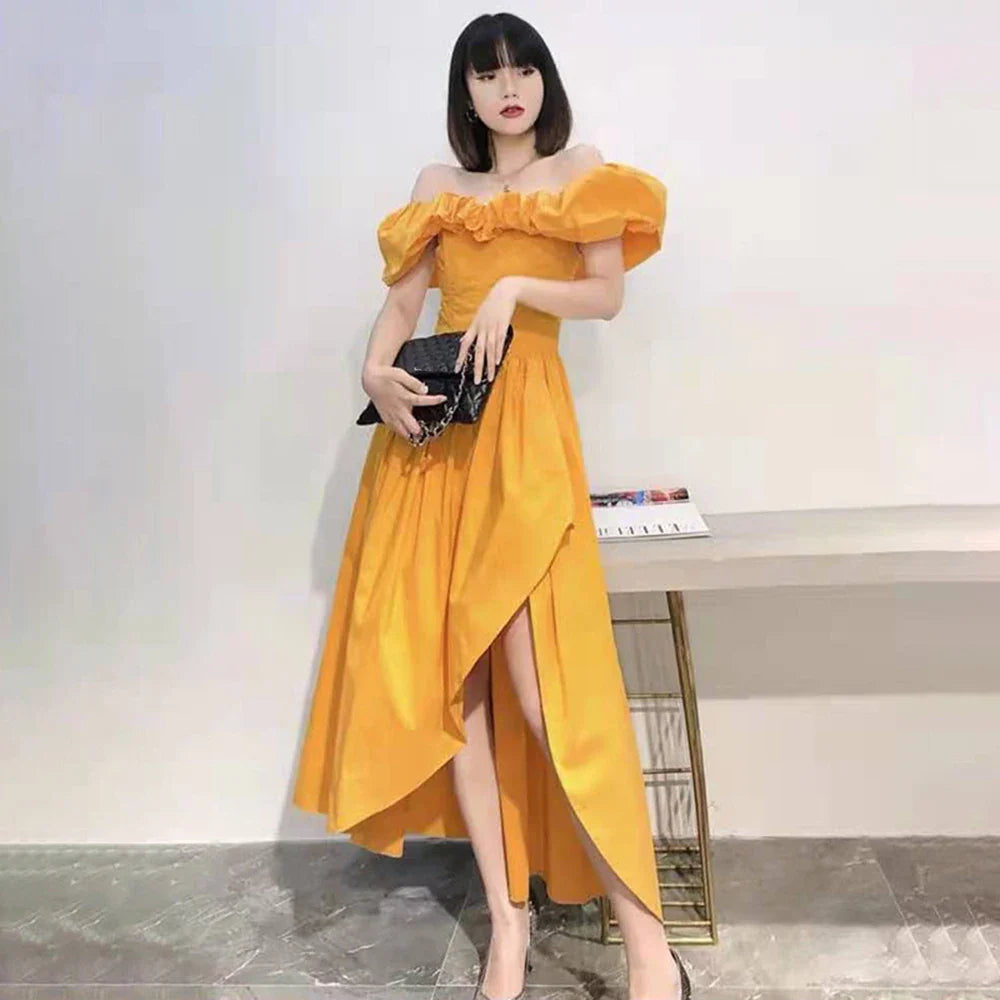 Elegant High Waist Puff Sleeve Dress with Side Split