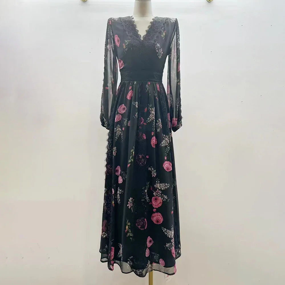 Elegant V-Neck Floral Lace Dress for Women