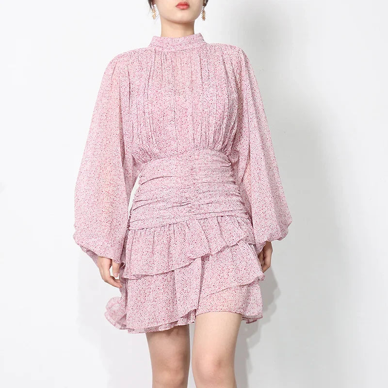Spring Solid Mini Dress with Stand Collar and Long Sleeves