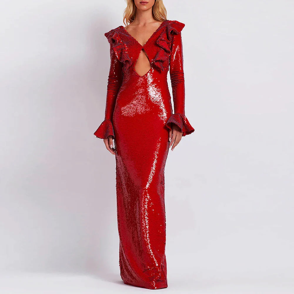 Elegant Sequin Patchwork V-Neck Slimming Dress for Women