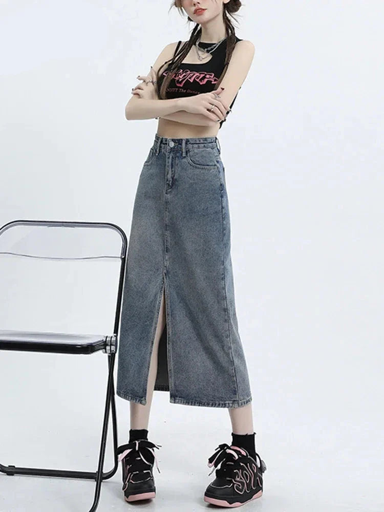 High Waist Vintage Split Blue Casual Skirt for Women