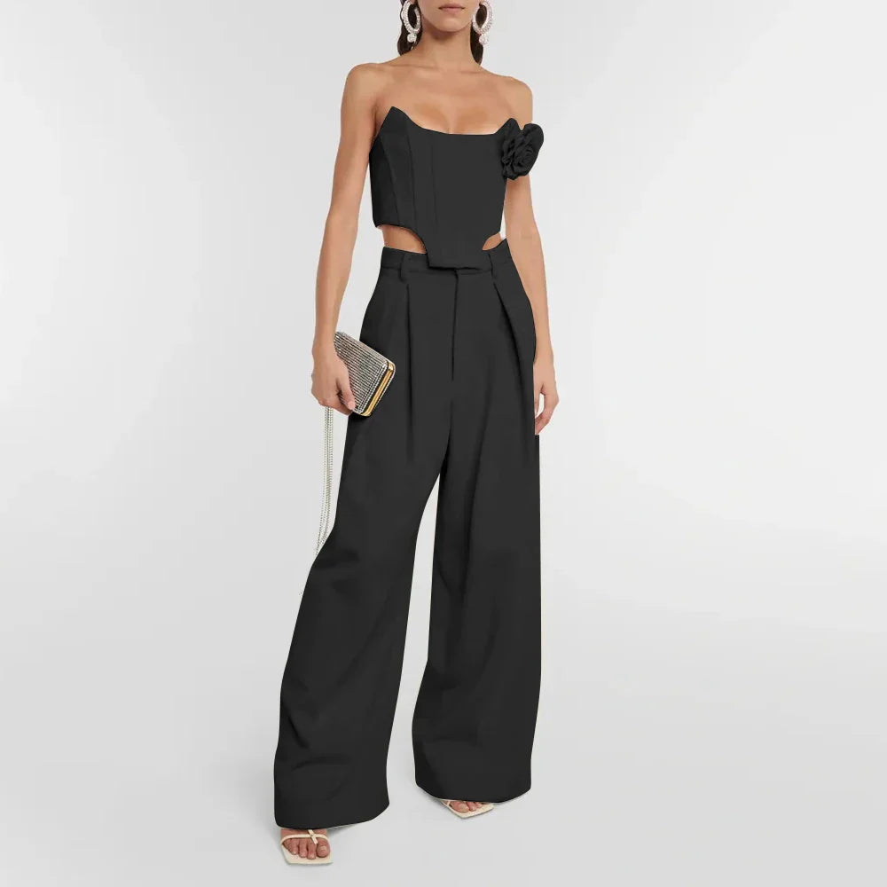 Stylish Strapless Two-Piece Set with Wide Leg Pants