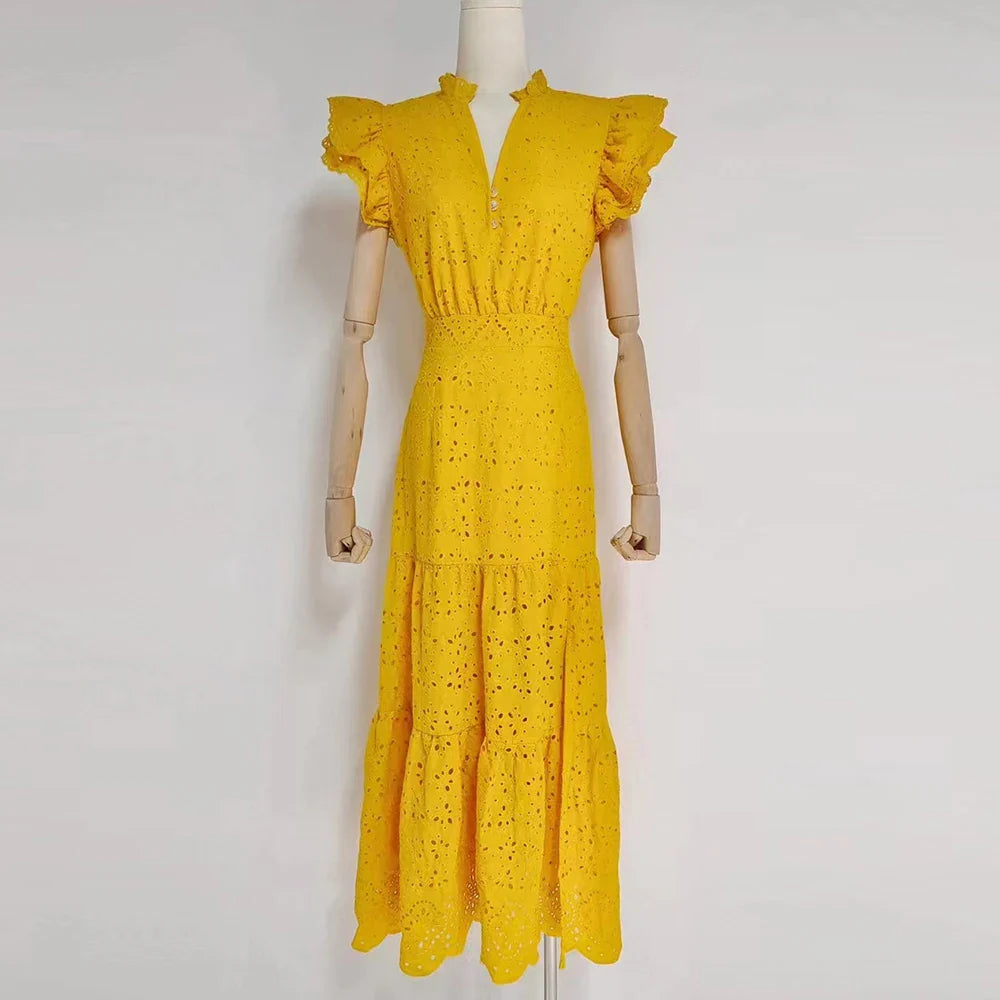 Elegant Vintage White Midi Dress with Flying Sleeves