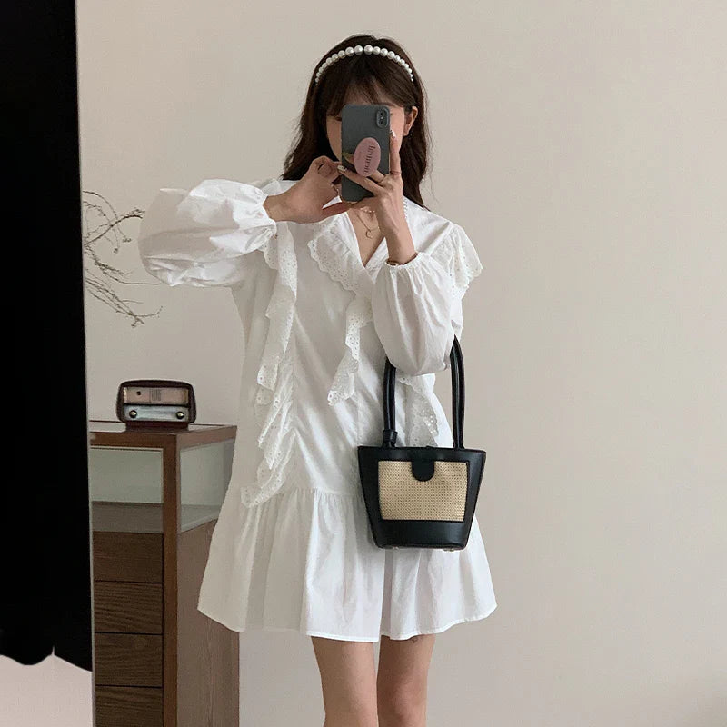 Elegant Ruffled White V-Neck Dress for Women