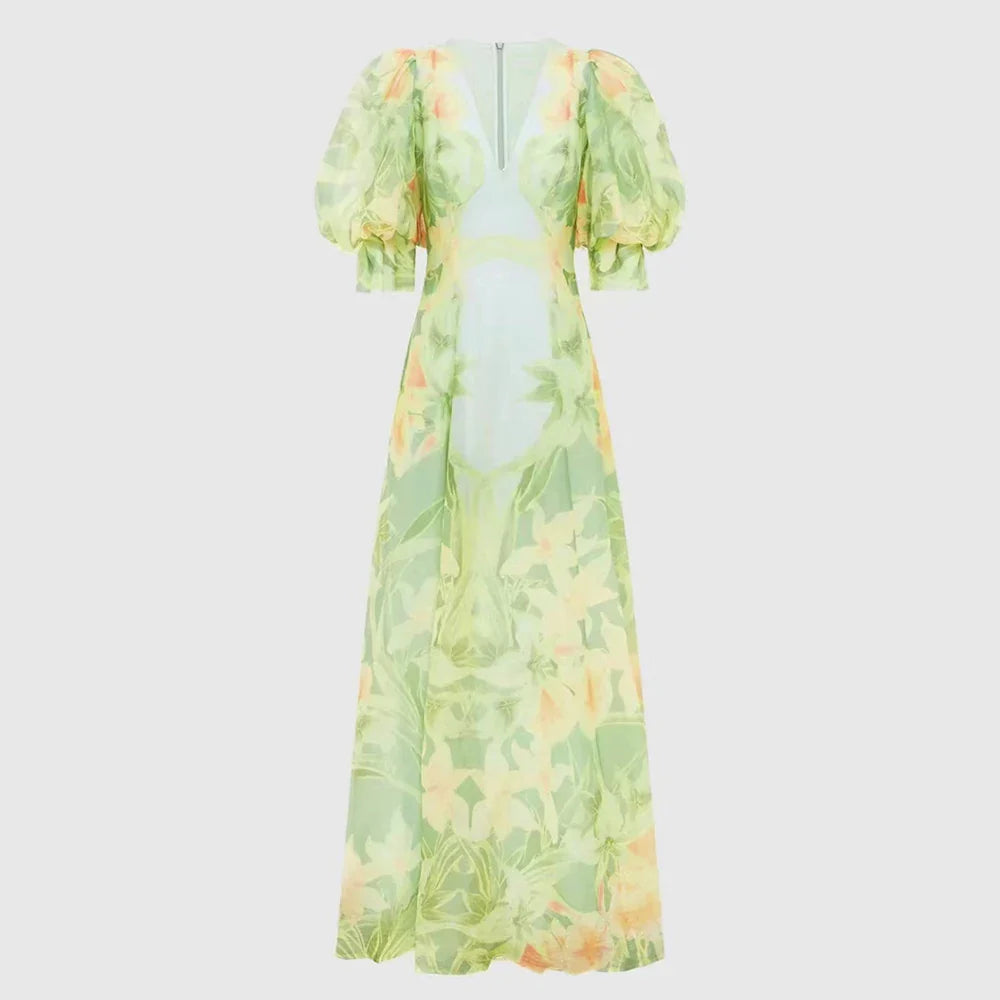 V-Neck Puff Sleeve Green Dress for Women