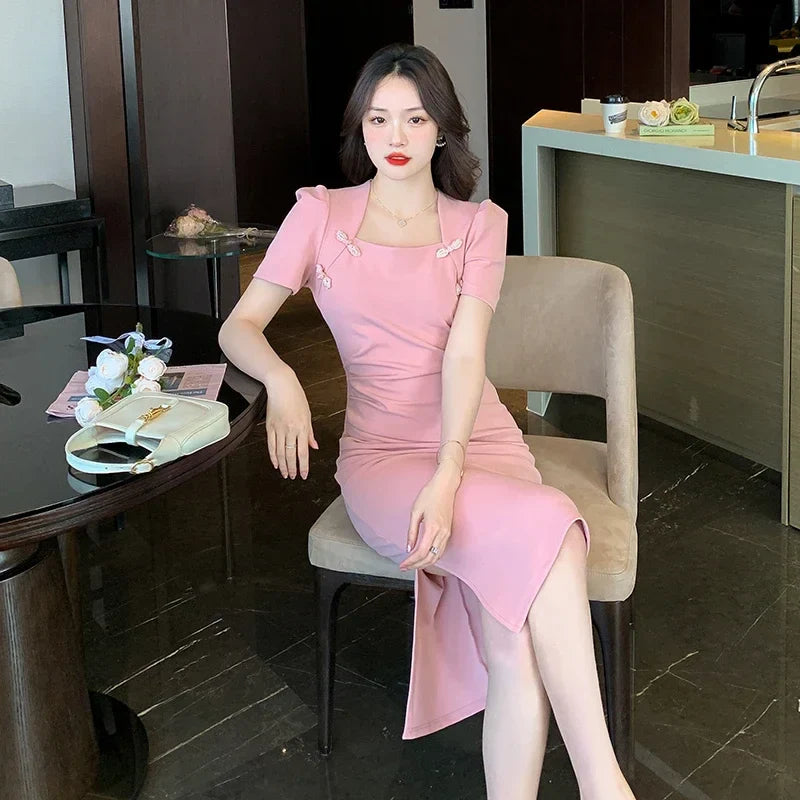 Stylish Summer Slim Waist Pleated Square Neck Dress