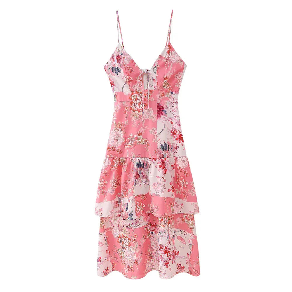 Floral Lace-Up Backless V-Neck Camisole Dress for Women