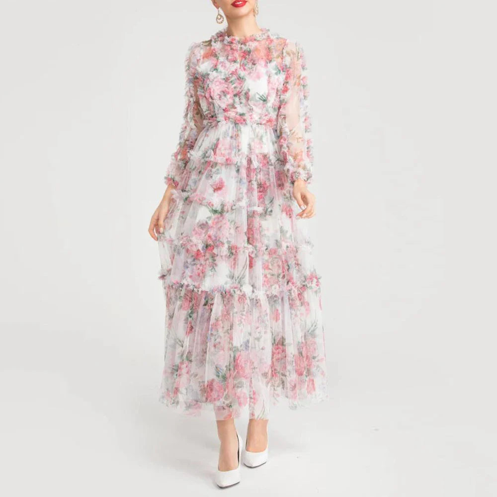 Floral Mesh Dress with Stand Collar and Long Sleeves