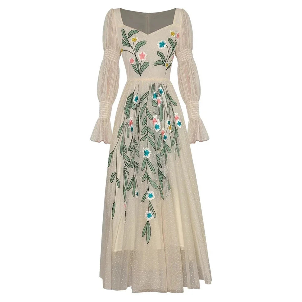 Elegant High-Waist Mesh Dress with Lantern Sleeves