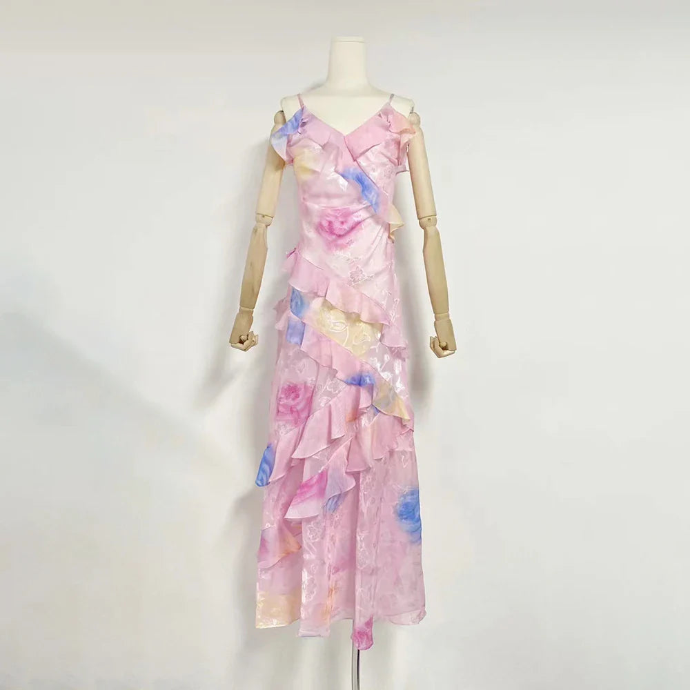 Elegant V-Neck Sleeveless Ruffled Long Dress for Women