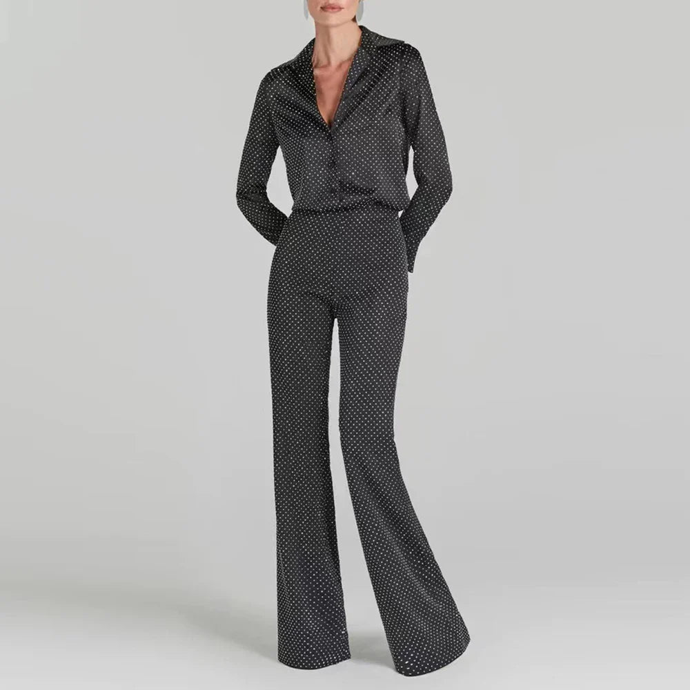 Chic Two-Piece Set: Lapel Top & Wide Leg Pants