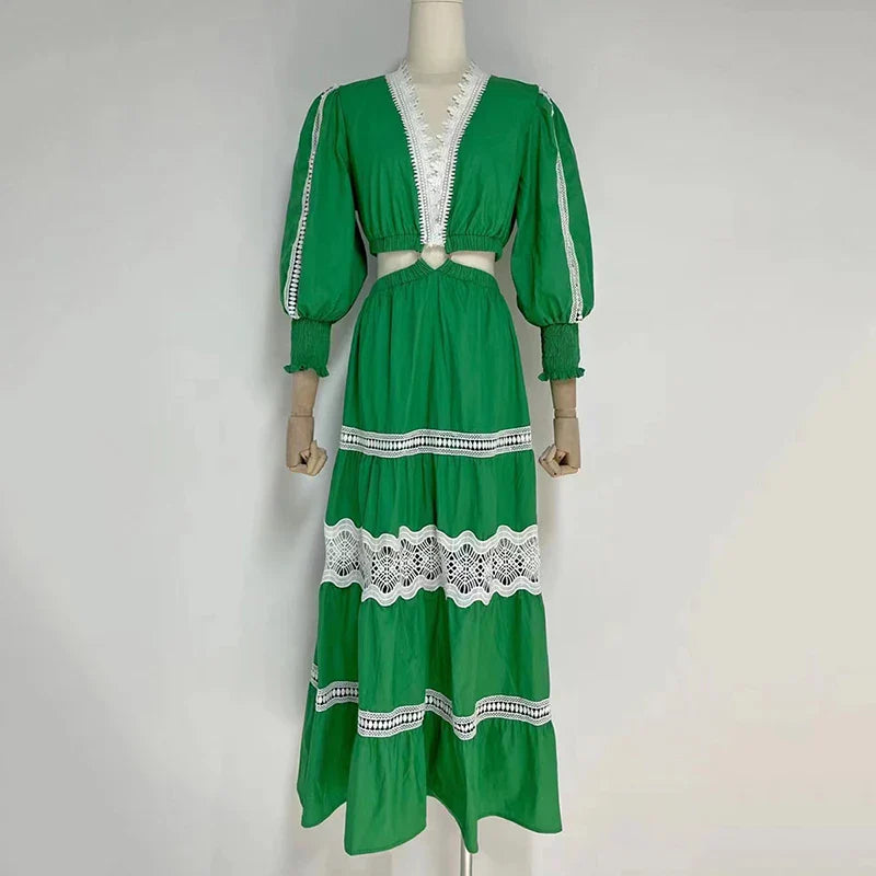 Elegant V-Neck Lace Midi Dress for Spring