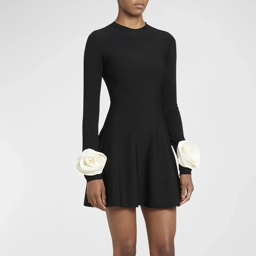 Elegant Colorblock Applique Dress with Long Sleeves