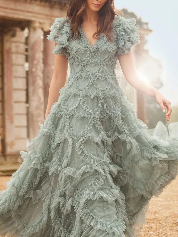 Elegant V Neck Short Sleeve High Waist Lace Dress