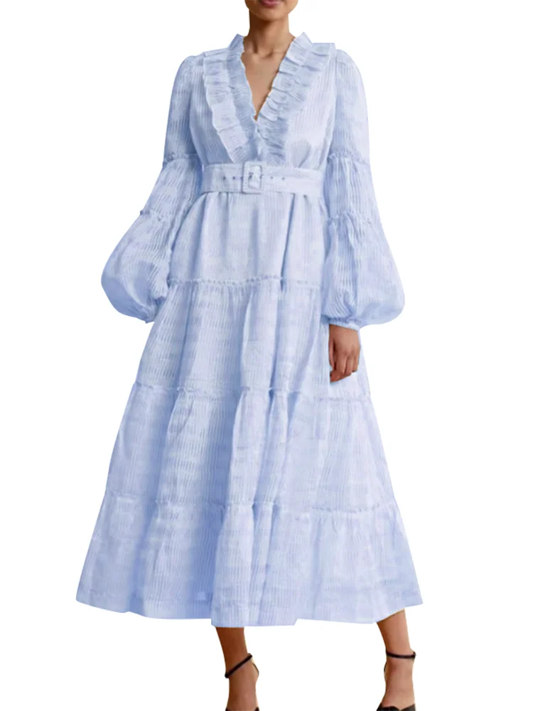 Elegant V-Neck Long Sleeve Ruffle A-Line Dress for Women