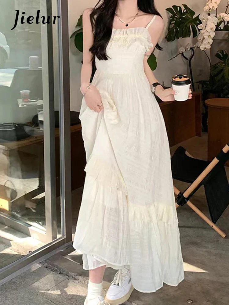 Elegant Apricot Maxi Dress with Sleeveless Spaghetti Straps
