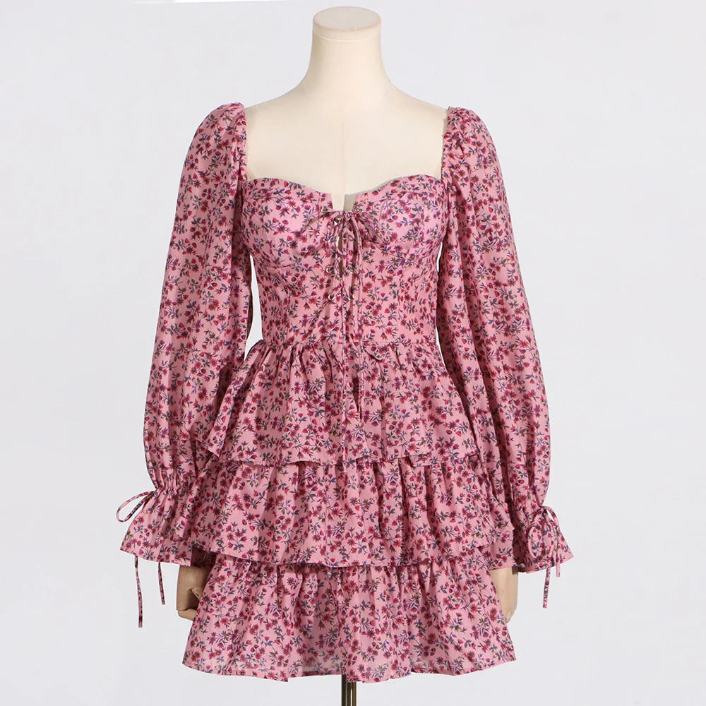 Floral Print Square Collar High Waist Dress for Women