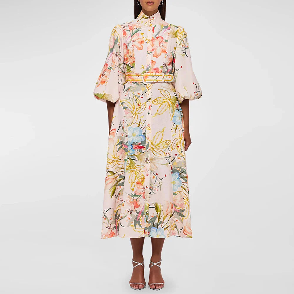 Floral Print Elegant High-Waist Lantern Sleeve Dress