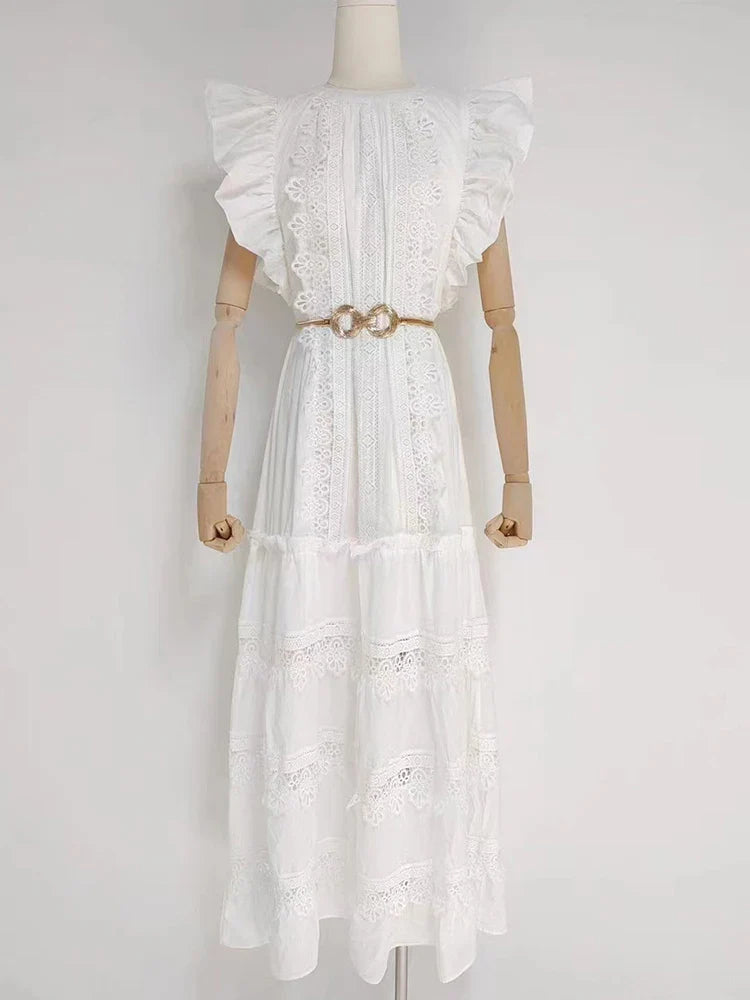 Elegant Round Neck Midi Dress with Flying Sleeves
