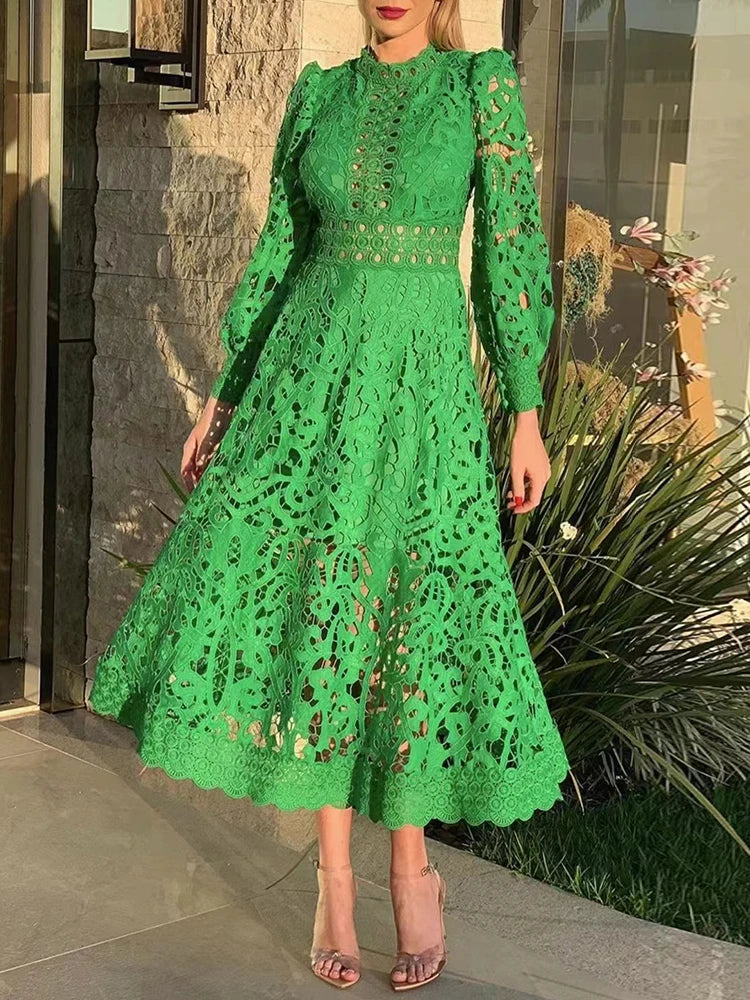 Elegant Embroidered Lantern Sleeve Dress for Women