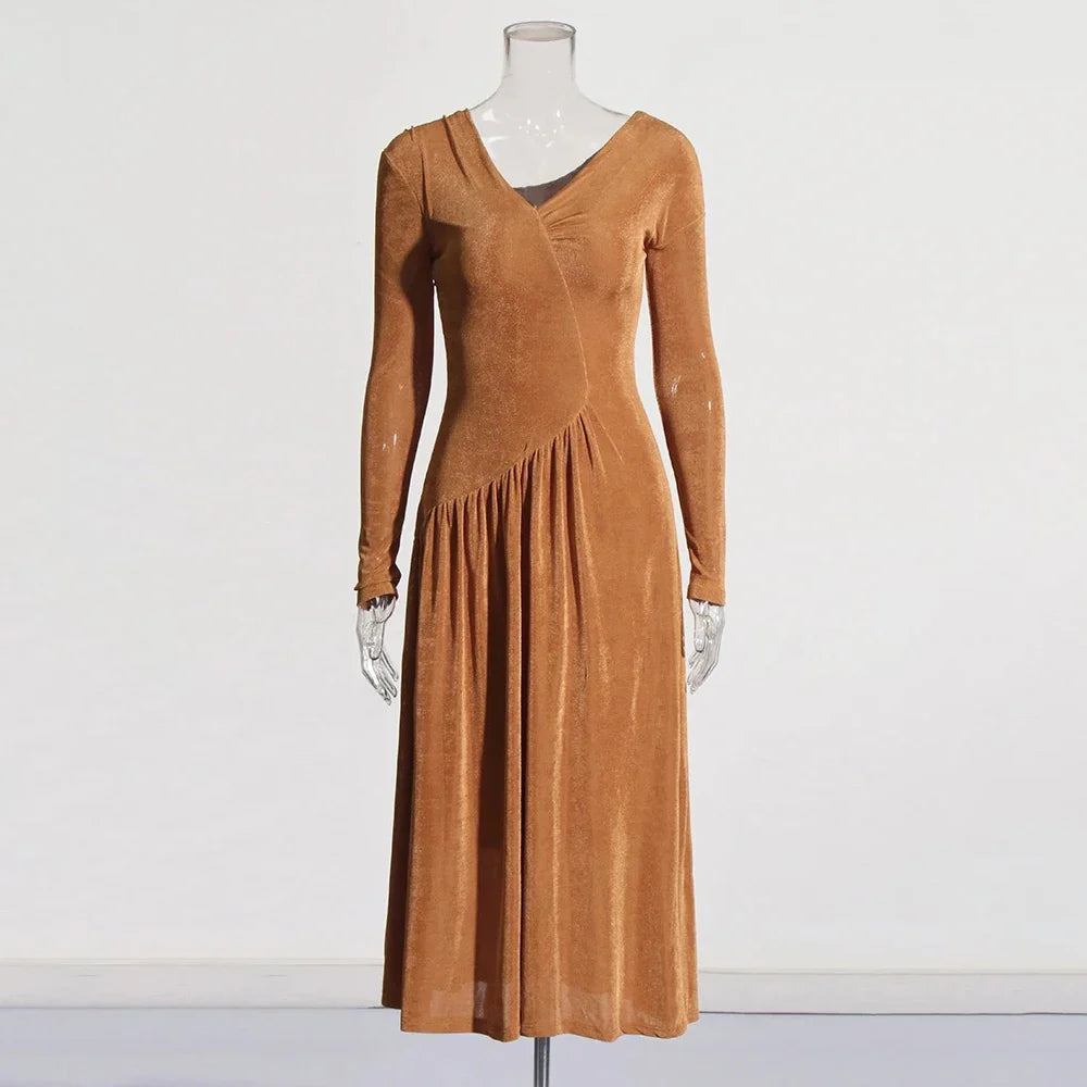 Stylish V Neck Long Sleeve High Waist Dress