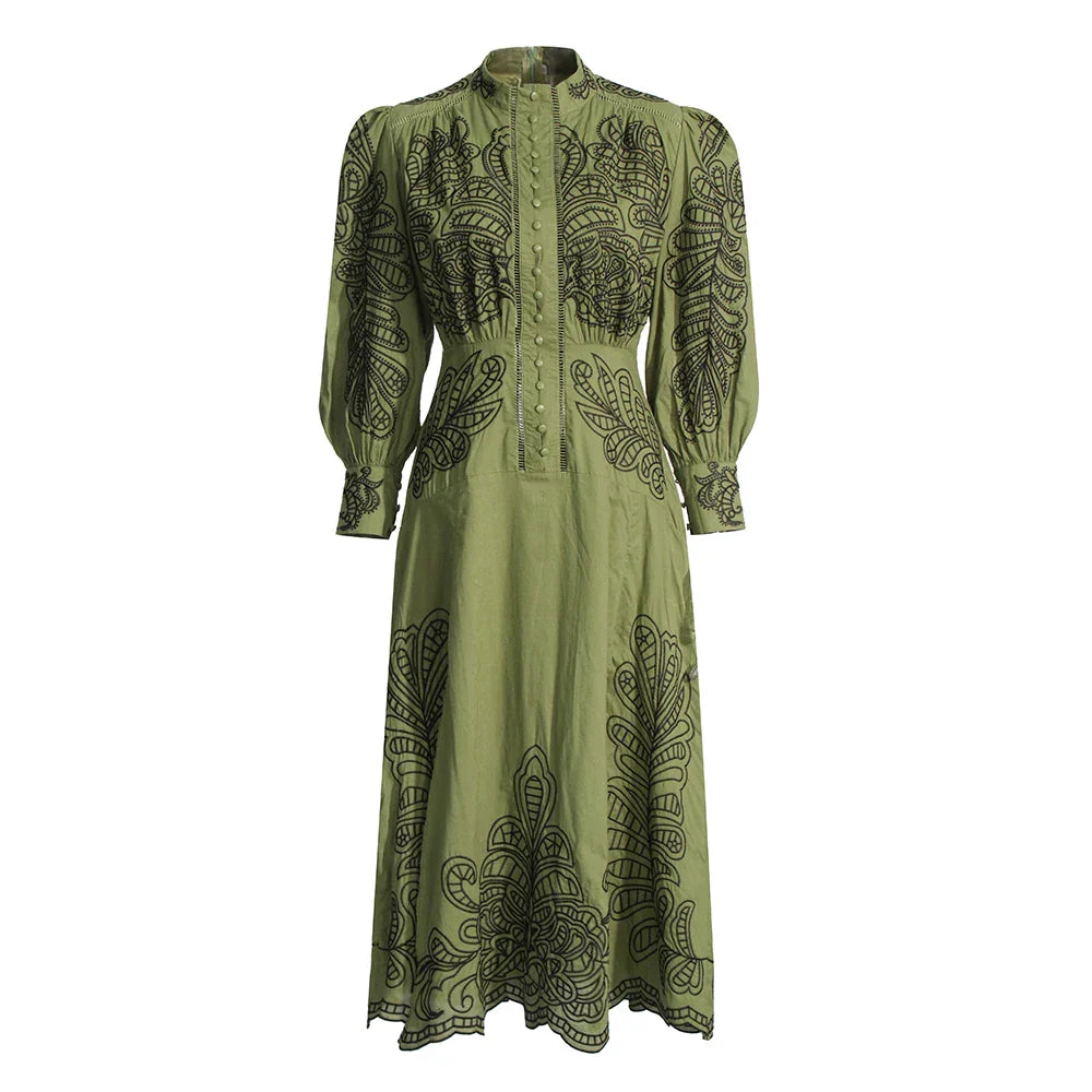 Elegant Colorblock Embroidery Dress with Lantern Sleeves