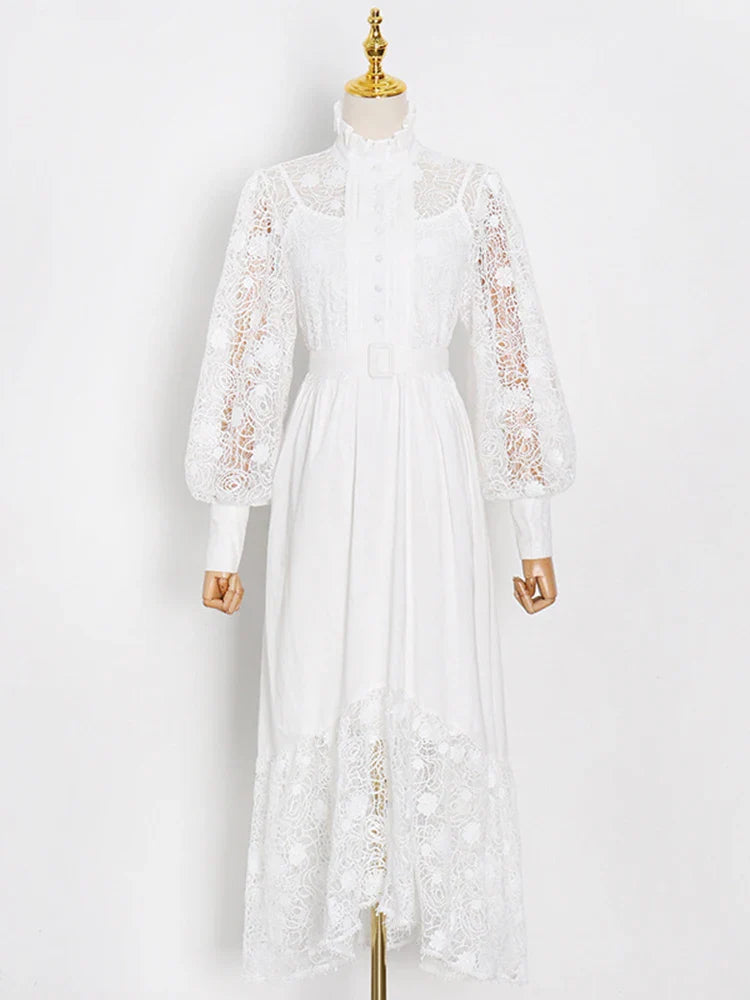 Elegant Lace Pullover Dress with Belted Ruched Detail