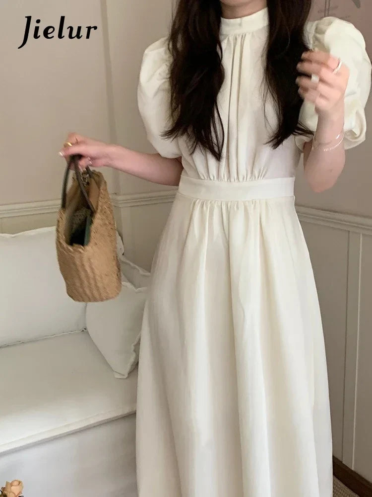 Elegant Chiffon Midi Dress with Puff Sleeves for Women
