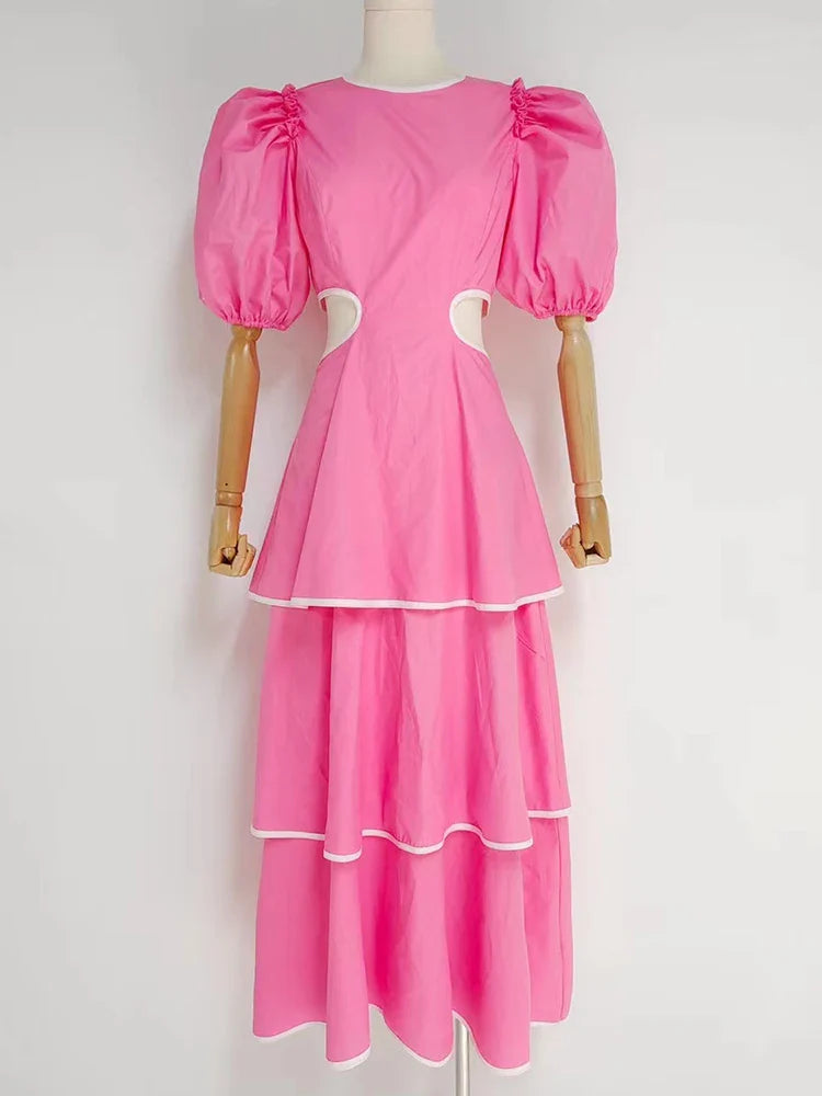 Colorblock Casual Puff Sleeve Ankle Dress for Women