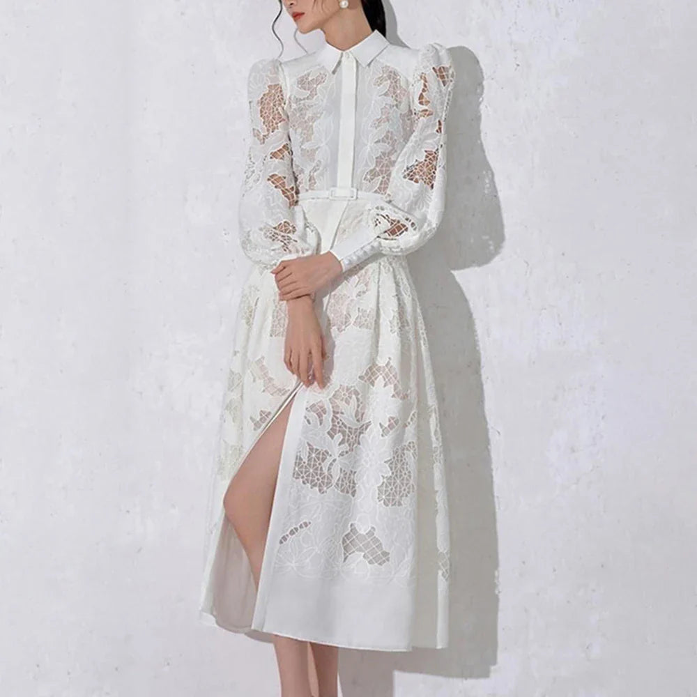 Elegant Cut-Out Solid Dress with Puff Sleeves & Belt