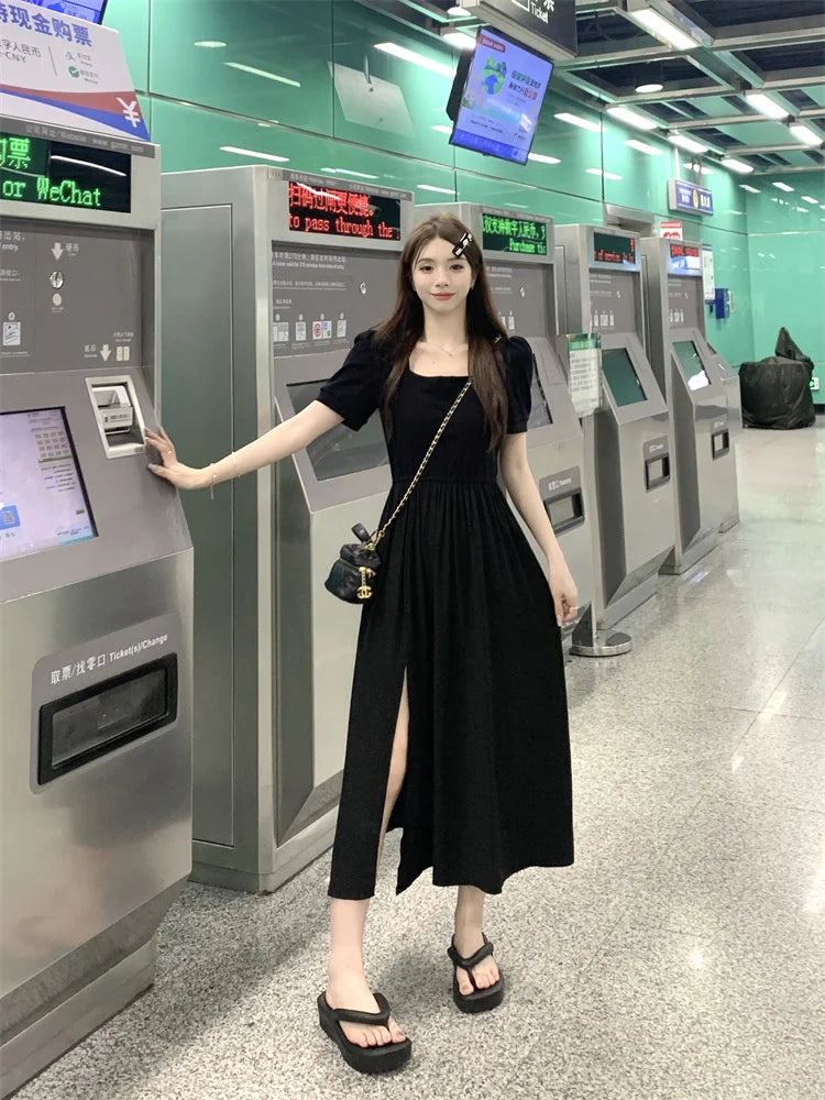 Elegant Black Puff Sleeve Slim Dress for Women
