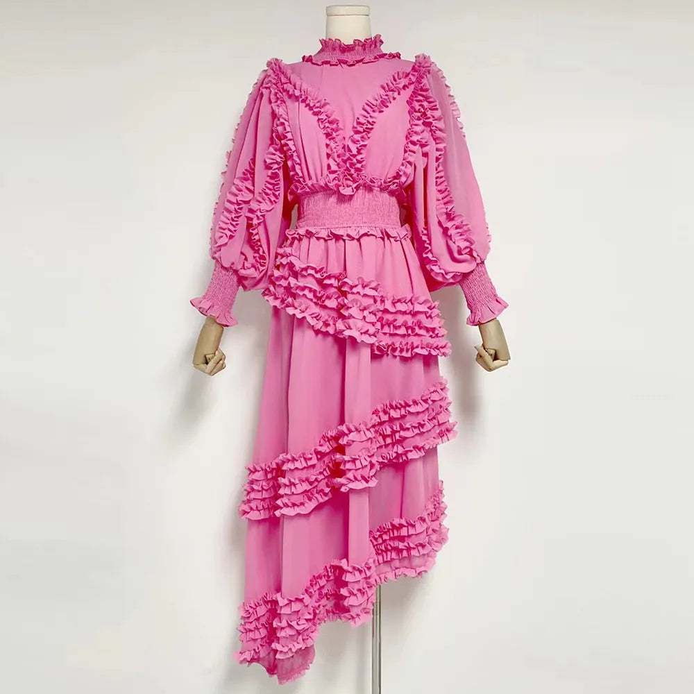 Elegant Tiered Ruffle Midi Dress with Lantern Sleeves
