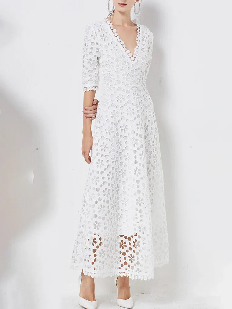 Elegant V Neck White Maxi Dress with High Waist Design