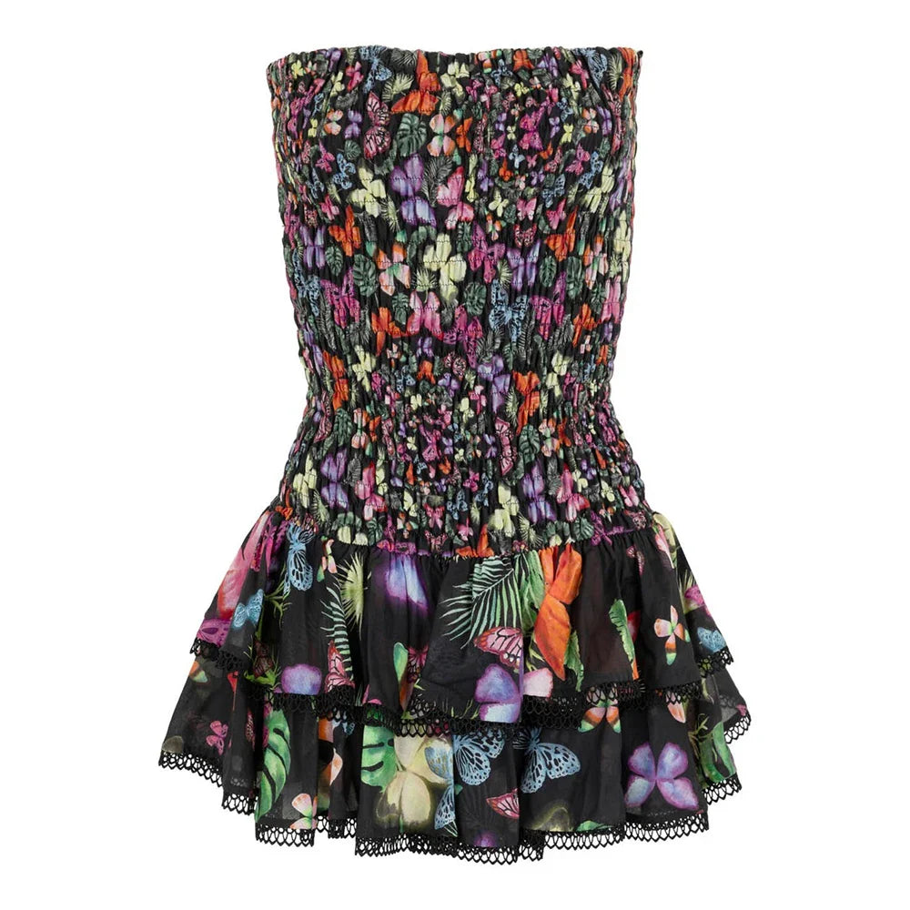 Floral Print Ruffle Dress for Women - Strapless & Slimming