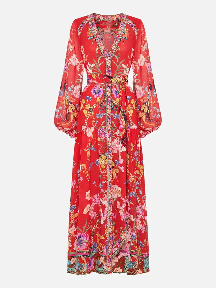 Floral V Neck Lantern Sleeve A-Line Dress for Spring